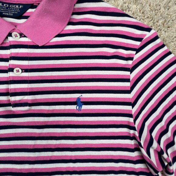Polo Golf Ralph Lauren Polo Shirt Large Pink White Blue Striped Cotton Pro Fit - Picture 6 of 7